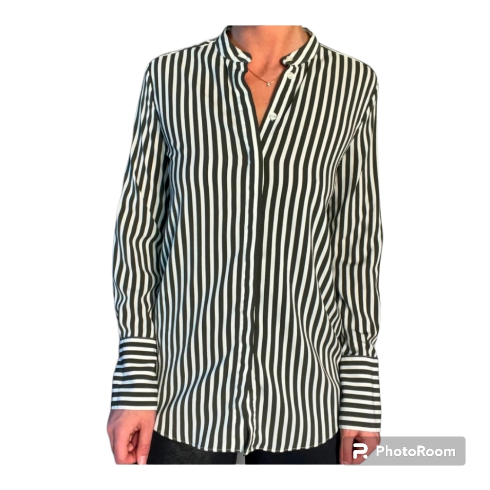H&M Womans Long-sleeved Button Down Blouse Green Cream Pinstriped